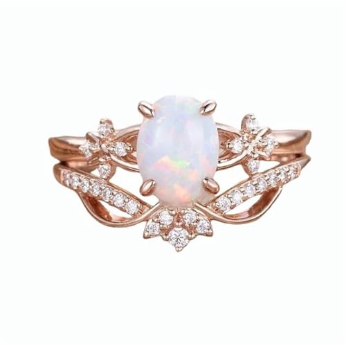 Natürliche Opalringe for Frauen, Opal-Ehering-Set, S925 Sterling Silber/10K Roségold Opal-Verlobungsring-Set for Frauen, Braut Romantischer Ehering (Color : 10K, Size : 60(19.1)) von Gigirom