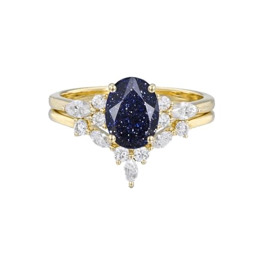 Natürlicher Galaxie-Blauer Sandstein-Verlobungsring for Frauen, oval geschliffener blauer Sandstein-Ring-Set, S925-Sterlingsilber, Hochzeitstag-Ring-Geschenk for Mädchen ( Color : Yellow Gold , Size : von Gigirom