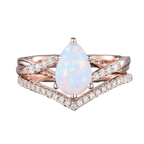 Natürlicher Opalring for Frauen, 925 Sterling Silber 10K Opal-Ehering-Ring-Set, einzigartiger V-förmiger gebogener Ring, Opal-Verlobungsringe for die Braut, romantischer Geburtstag (Color : 10k, Siz von Gigirom