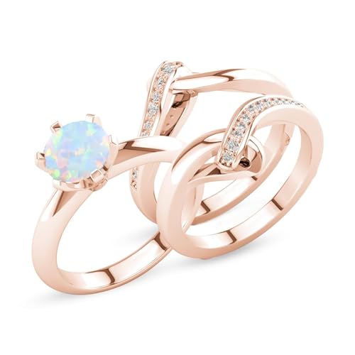 Natürlicher runder Opal und Moissanit Verlobungsring-Set, Opalringe for Frauen, 925 Sterling Silber Hochzeitstag Ring Geschenk Brautset (Color : Rose Gold, Size : 52(16.6)) von Gigirom