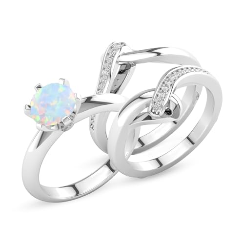 Natürlicher runder Opal und Moissanit Verlobungsring-Set, Opalringe for Frauen, 925 Sterling Silber Hochzeitstag Ring Geschenk Brautset (Color : White gold, Size : 49.3(15.7)) von Gigirom