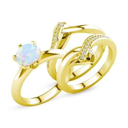 Natürlicher runder Opal und Moissanit Verlobungsring-Set, Opalringe for Frauen, 925 Sterling Silber Hochzeitstag Ring Geschenk Brautset (Color : Yellow Gold, Size : 54.4(17.3)) von Gigirom