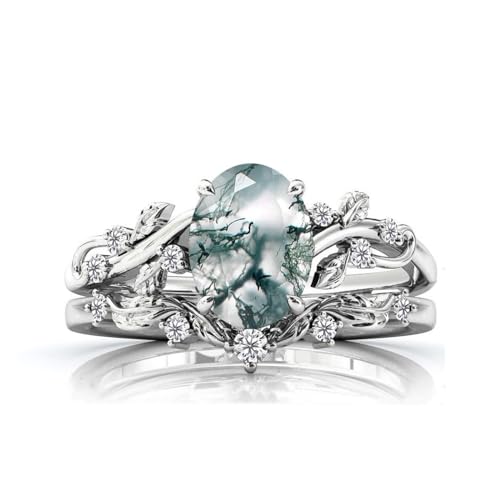 Natürliches Moosachat-Verlobungsring-Set, von der Natur inspirierte Blatt-Moosachat-Ringe for Frauen, 925 Sterling Silber, Jubiläumsversprechen-Ehering (Color : Silver, Size : 57(18.1)) von Gigirom