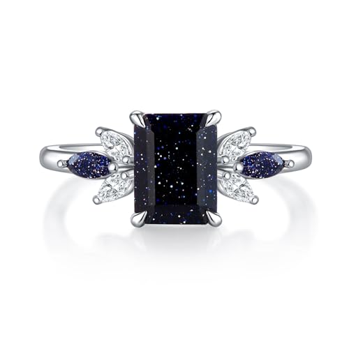 Smaragdschliff-Ring aus blauem Sandstein for Frauen, Einzigartiger Verlobungsring aus blauem Sandstein, Sterling Silber/10K/14K, Verlobungsring Geschenk for Mädchen(S925,56(17.8)) von Gigirom