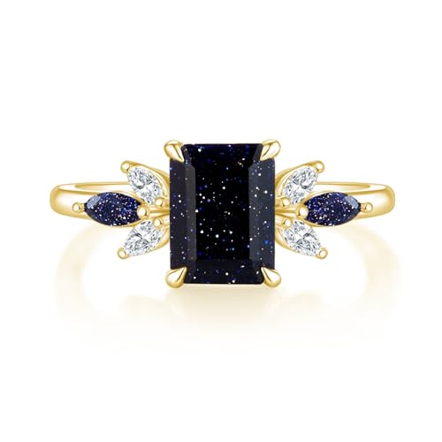 Smaragdschliff-Ring aus blauem Sandstein for Frauen, Einzigartiger Verlobungsring aus blauem Sandstein, Sterling Silber/10K/14K, Verlobungsring Geschenk for Mädchen(S925,58(18.5)) von Gigirom