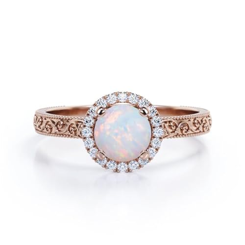 Verlobungsring mit natürlichem Opal, runder Opalring for Frauen, S925 Sterling Silber Weißgold/Roségold, romantischer Braut-Geburtstagsring for Frau (Color : Rose Gold, Size : 56(17.8)) von Gigirom