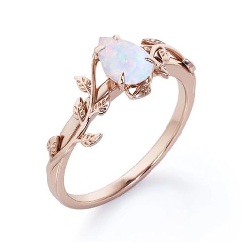 Weiße Opal-Verlobungsringe for Frauen, Art-Deco-Blätter-Birnen-Vintage-Opalringe, S925-Sterlingsilber-Hochzeitstag-Versprechensring-Geschenk for Sie (Color : Rose Gold, Size : 56(17.8)) von Gigirom