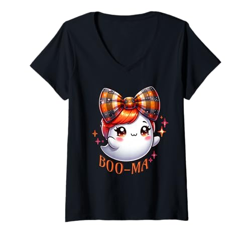 Damen Boo-MA Halloween – Süßes Geist-Motiv mit Schleife Retro T-Shirt mit V-Ausschnitt von Gigis Halloween Shop