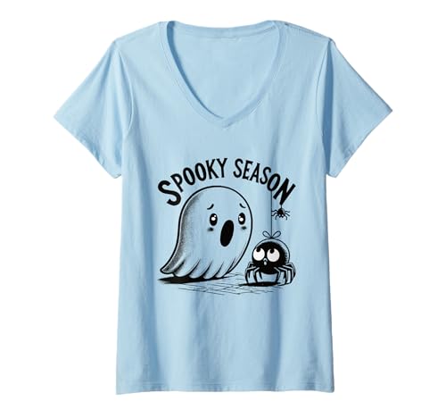 Damen Geist und Spinne Halloween, Lustiges Spinnenphobie T-Shirt mit V-Ausschnitt von Gigis Halloween Shop