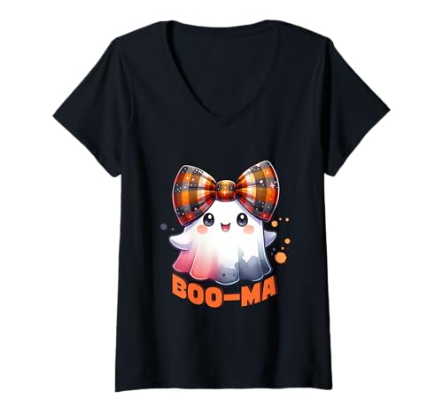 Damen Halloween Boo-Ma – Süßes Geist-Motiv mit Schleife Babyboomer T-Shirt mit V-Ausschnitt von Gigis Halloween Shop