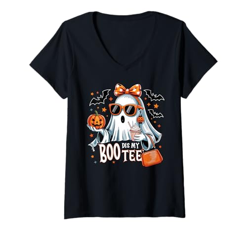 Damen Lustiges Halloween Motiv mit stylischem Geister-Mädchen T-Shirt mit V-Ausschnitt von Gigis Halloween Shop