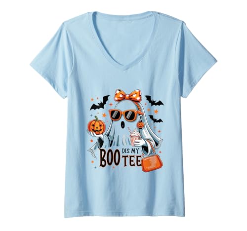 Damen Lustiges Halloween Motiv mit stylischem Geister-Mädchen T-Shirt mit V-Ausschnitt von Gigis Halloween Shop