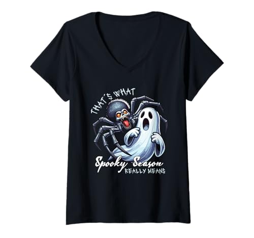 Damen Spinne und Geist Halloween Spooky Season Cartoon T-Shirt mit V-Ausschnitt von Gigis Halloween Shop