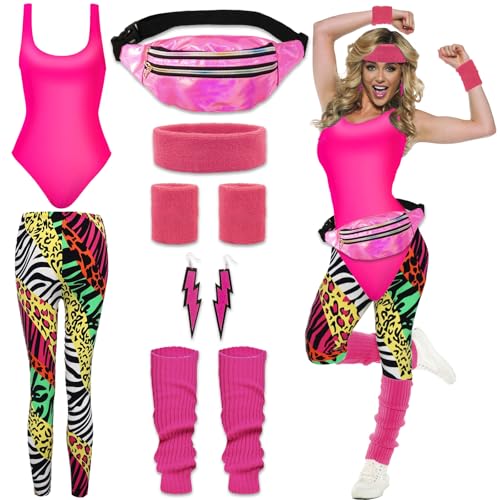 80er 90er Jahre Outfit Damen- Retro Trainingsanzug Workout Kostüm 80er Kleidung Accessoires Frauen mit 80s 90s Clothes Leggings Bauchtasche Stirnband Beinwärmer für Karneval Fasching Mottoparty Kostüm von Gigquake