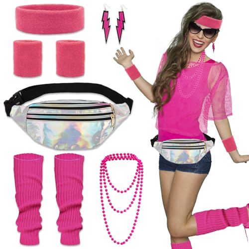 80er Jahre Outfit Damen- Disco 80er 90er Jahre Accessoires mit Bauchtasche Stirnband Beinwärmer Armbänder Halskette Ohrring 80s 90s Kleidung Retro Trainingsanzug Karneval Fasching Mottoparty Kostüm von Gigquake