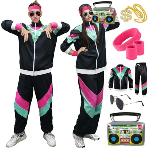 90er 80er Jahre Outfit Herren Damen- Retro 90er Trainingsanzug Jogginganzug 80er Jahre Accessoires Bad Taste Kostüm Jacke Hose Anzug Disco Party Kleidung für 80s 90s Mottoparty Schlagerparty Karneval von Gigquake