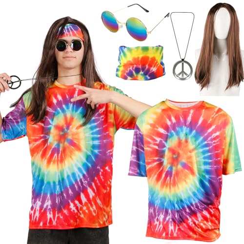 Hippie Kostüm Herren Damen Set- 60er 70er 80er Jahre Outfit Herren Hippie Accessoires Bekleidung mit T-Shirt Hippie Brille Peace Kette Perücke Stirnband,Disco Hippie Kleidung Faschingskostüme Karneval von Gigquake