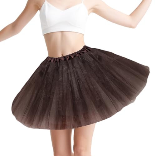 Tüllrock Damen Tutu Braun- Klassisch Elastisch 4 Lagig Tüllrock 80er Rock Tütü Damen Kurz Teen Dance Dress Up Party Cosplay Zubehör Vintage Ballett Tanzkleidung Ballett Helloween Festliche Karneval von Gigquake