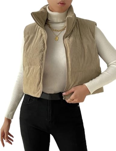 Gihuo Damen Cord Puffer Weste Cropped Stehkragen Reißverschluss Weste gesteppt ärmellose Jacken Gilet, Khaki, S von Gihuo