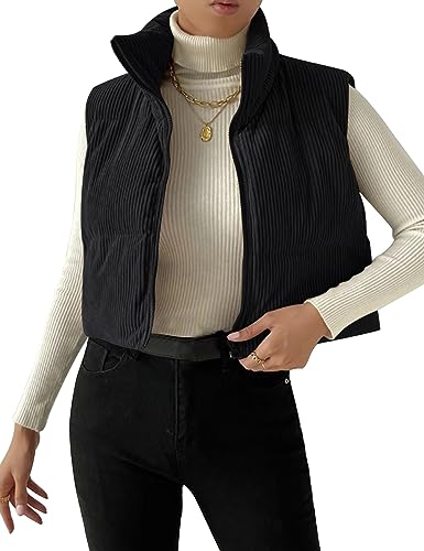 Gihuo Damen Cord Puffer Weste Cropped Stehkragen Reißverschluss Weste gesteppt ärmellose Jacken Gilet, Schwarz, S von Gihuo