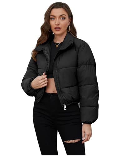 Gihuo Damen Cropped Puffer Jacke Langarm Stehkragen Daunenjacken Full Zip Up Steppjacke, Schwarz, M von Gihuo