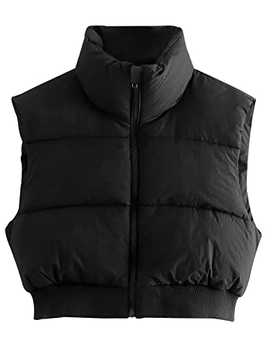 Gihuo Damen Cropped Puffer Weste Steppweste Winter Gepolsterte Full Zip Weste Stehkragen Ärmellose Jacke, Schwarz, L von Gihuo