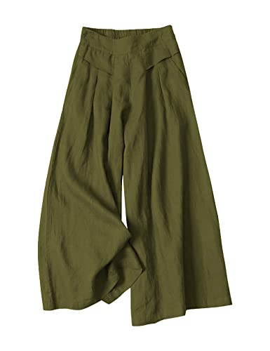 Gihuo Damen Culottes Leinenmischung Weites Bein Hose Elastische Taille Casual Palazzo Hose mit Taschen Capris, army, Mittel von Gihuo