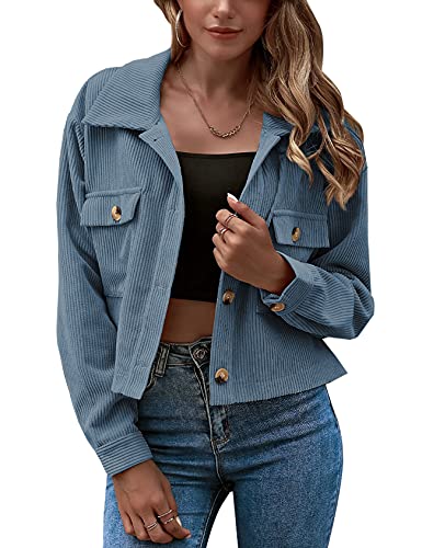 Gihuo Damen Fashion Cropped Button Down Cord Shirts Jacken, blau, Klein von Gihuo