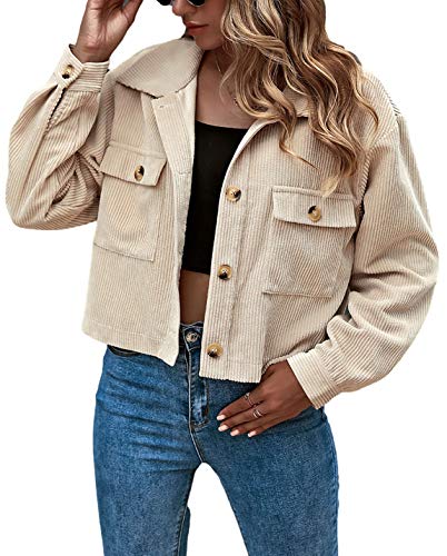 Gihuo Damen Fashion Cropped Button Down Cord Shirts Jacken - Beige - Mittel von Gihuo