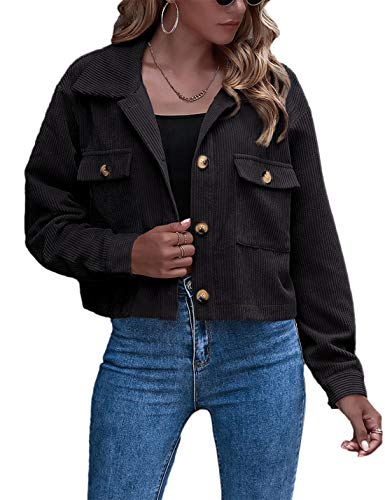 Gihuo Modische Damen-Shacket mit Knopfleiste, Cord-Shacket mit Knopfleiste, lässig, kariert, langärmelig, bauchfreies Hemd, Jacken, Tops, Schwarz, S von Gihuo