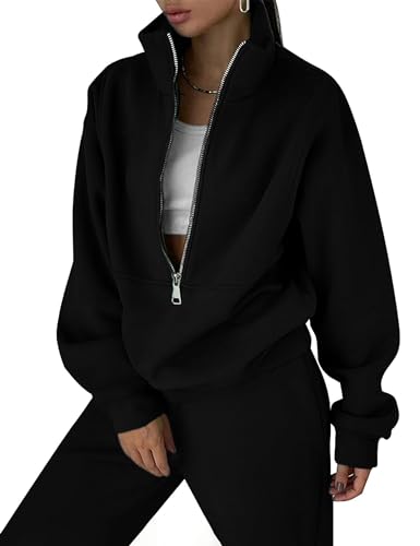 Gihuo Damen Fleece 2 Stück Sweatsuits Outfits Halber Reißverschluss Pullover Sweatshirt Jogger Mtaching Set Trainingsanzüge, Schwarz, X-Large von Gihuo