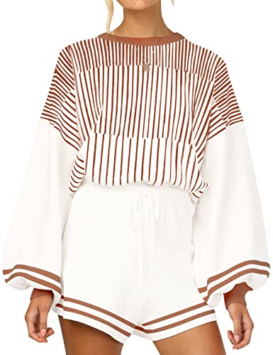 Gihuo Damen Gestreifte 2-teilige Outfits Rundhalsausschnitt Strick Pullover Shorts Set, Brown, S von Gihuo