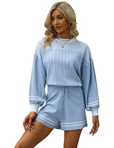 Gihuo Damen Gestreifte 2-teilige Outfits Rundhalsausschnitt Strickpullover Shorts Set, blau, Klein von Gihuo