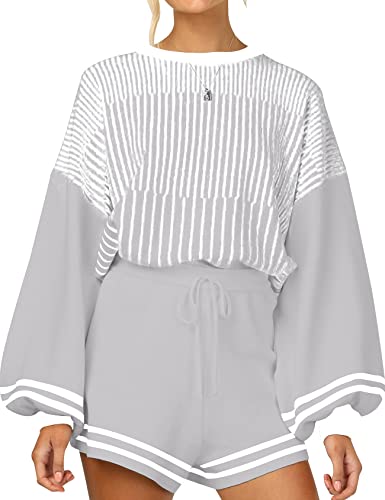 Gihuo Damen Gestreifte 2-teilige Outfits Rundhalsausschnitt Strickpullover Shorts Set, grau, X-Groß von Gihuo