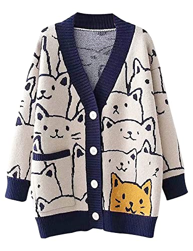 Gihuo Damen Katzen-Strickjacke, Strickpullover, niedlich, Cartoon, Übergröße, V-Ausschnitt, lange Ärmel, navy, Groß von Gihuo