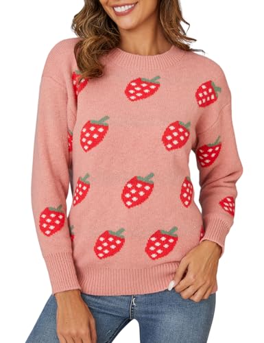 Gihuo Valentinstags-Herz-Pullover für Damen, niedlicher Kawaii-Pullover, lässig, Rundhalsausschnitt, langärmelig, Strickpullover, 01rosa, X-Groß von Gihuo