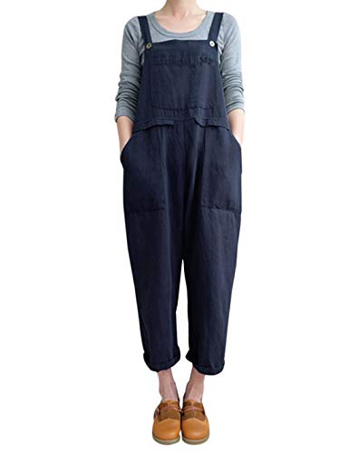 Gihuo Damen Leinen Overalls Loose Fit Baggy Bib Overalls Wide Leg Jumpsuit, Marineblau, Medium von Gihuo