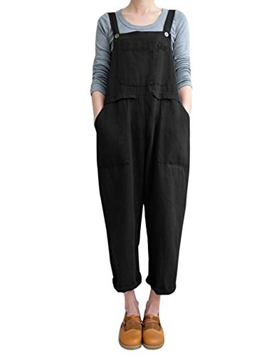 Gihuo Damen Leinen Overalls Loose Fit Baggy Bib Overalls Wide Leg Jumpsuit, Schwarz, X-Large von Gihuo