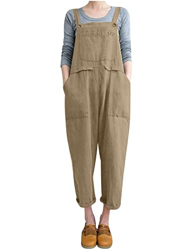 Gihuo Damen Mode Baggy Lose Leinen Overalls Jumpsuit, Khaki, XXX-Large von Gihuo