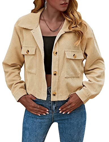 Gihuo Damen Mode Cropped Shacket Button Down Cord Shacket Jacken, Lightkhaki, S von Gihuo