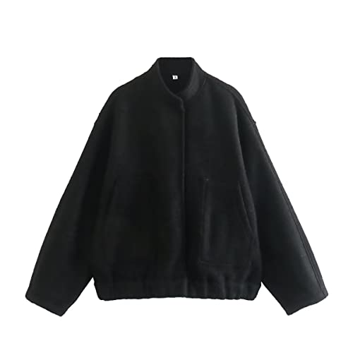 Gihuo Damen Oversized Wollmischung Jacken Button Down Casual Varsity Jacke mit Taschen 2023, Schwarz, L von Gihuo