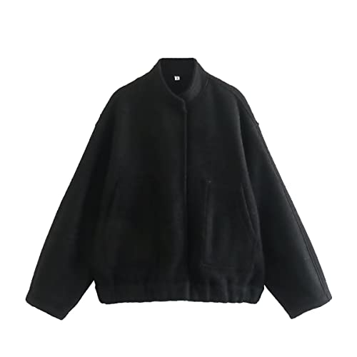 Gihuo Damen Oversized Wollmischung Jacken Button Down Casual Varsity Jacke mit Taschen 2023, Schwarz, S von Gihuo