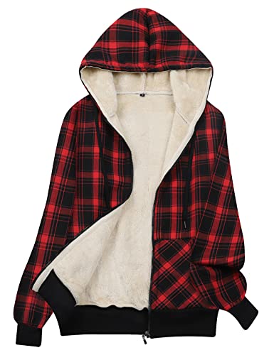 Gihuo Damen Sherpa Fleece Gefüttert Hoodie Zip Up Kapuzenpullover Sweatshirt Jacke, Redplaid, S von Gihuo