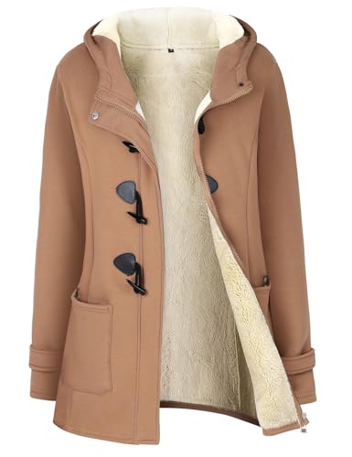 Gihuo Damen Sherpa Gefütterte Jacke Duffle Toggle Coat Fleece Kapuze Winter Warm Jacke Sweatshirt, Khaki, L von Gihuo