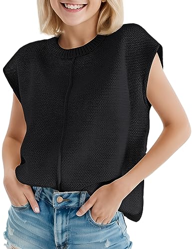 Gihuo Damen Tank-Top, ärmellos, lockere Passform, Rundhalsausschnitt, Strick, Häkel-Top, Weste, Schwarz, Mittel von Gihuo