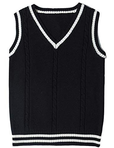 Gihuo Damen V Ausschnitt Trendy Sweater Weste Zopfmuster Ärmellos Sweater Weste Hahnentritt Sweater Weste, Schwarz, Groß von Gihuo