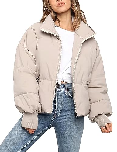 Gihuo Damen Winter Cropped Puffer Jacke Mantel Kurz Warm Steppjacke, Beige, S von Gihuo