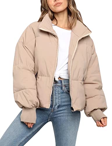 Gihuo Damen Winter Cropped Puffer Jacke Mantel Kurz Warm Steppjacke, Khaki, L von Gihuo