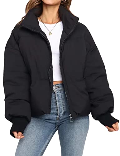 Gihuo Damen Winter Cropped Puffer Jacke Mantel Kurz Warm Steppjacke, Schwarz, S von Gihuo