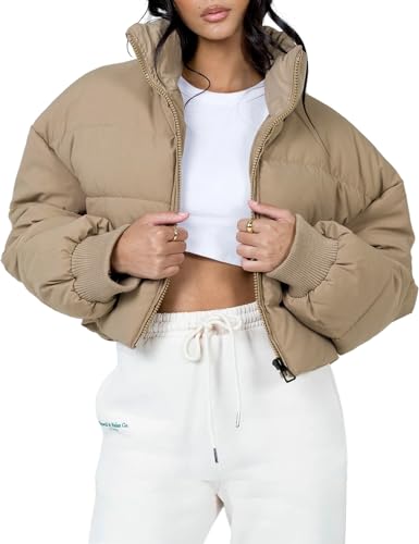 Gihuo Damen Winter Puffer Jacke Cropped Leichte Reißverschluss Gepolsterter Mantel Oversized Stehkragen Kurze Steppjacken, Khaki, L von Gihuo